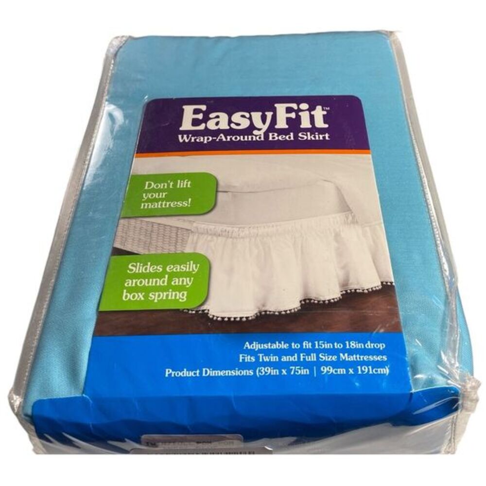 Easy Fit Adjustable Pom Pom Fringe Twin/Full Bedskirt Angel Blue New!